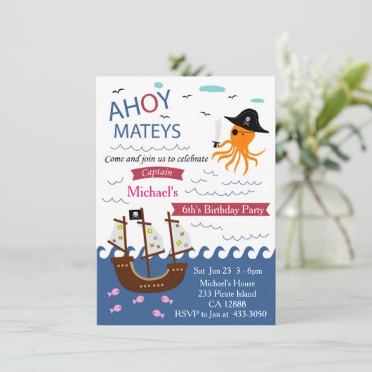 Kapitein Pirate Octopus Birthday Party Uitnodiging (Staand voorkant)