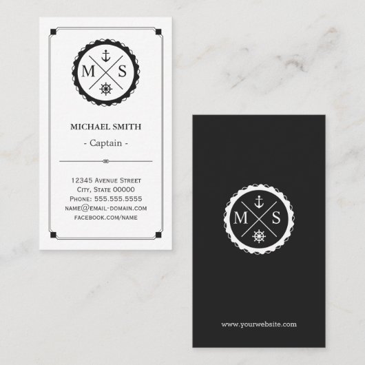 Kapitein - Retro Nautical Monogram Visitekaartje (Voorkant / Achterkant)