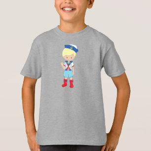 Kapitein, schipper, blond haar, klettenjongen t-shirt