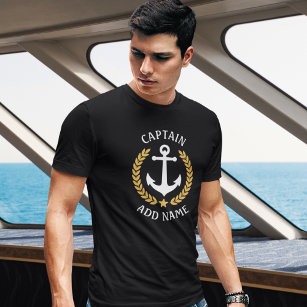 Kapitein Uw Boat Naam Anchor Gold Laurel Black T-shirt