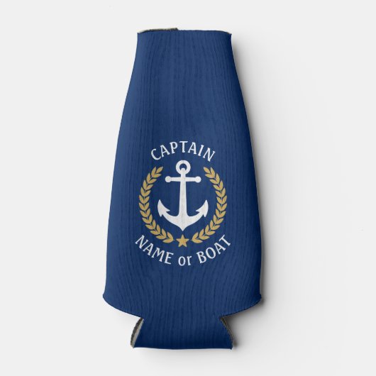 Kapitein Uw Boat Naam Anchor Gold Laurel Blue Flesjeskoeler (Voorkant)