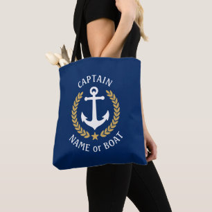 Kapitein Uw Boat Naam Anchor Gold Laurel Navy Tote Bag