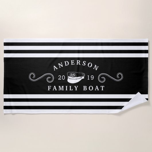 Kapitein voor bootstrating, zwart-wit strandlaken (Voorkant)