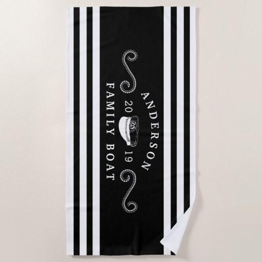 Kapitein voor bootstrating, zwart-wit strandlaken (Voorkant)