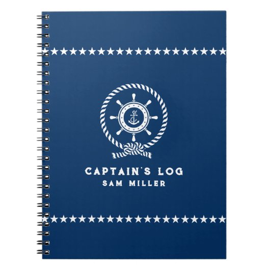 Kapiteins Log Navy Blauw Wit Nautische Boot Wiel Notitieboek (Voorkant)