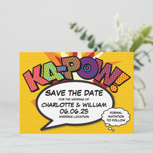 KAPOW Bewaar de datum Leuke retro strip popart Save The Date (Staand voorkant)
