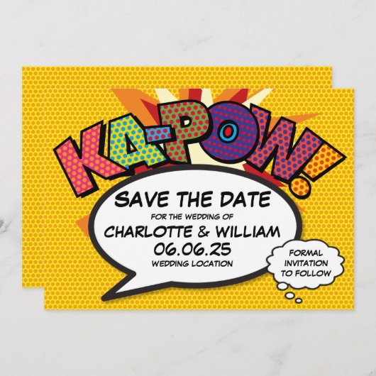 KAPOW Bewaar de datum Leuke retro strip popart Save The Date (Voorkant / Achterkant)