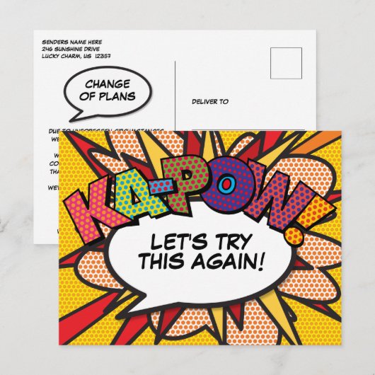 KAPOW Uitgesteld Datum Gewijzigd Stripboek Pop Art Aankondigingskaart (Voorkant / Achterkant)