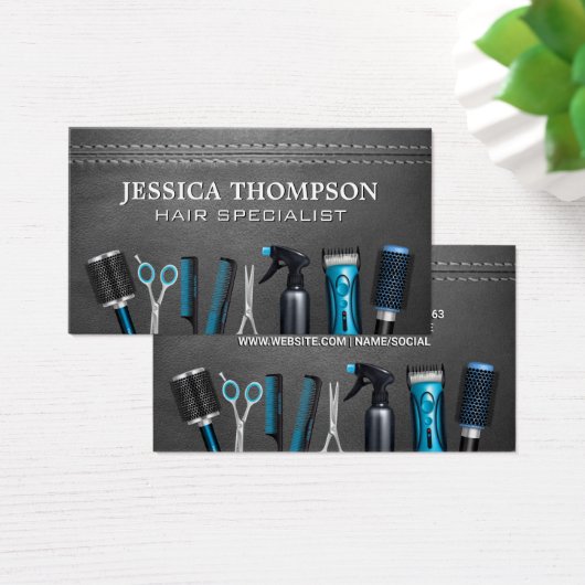 Kapper Gereedschap | Gestikte Leer Visitekaartje (Bureau)