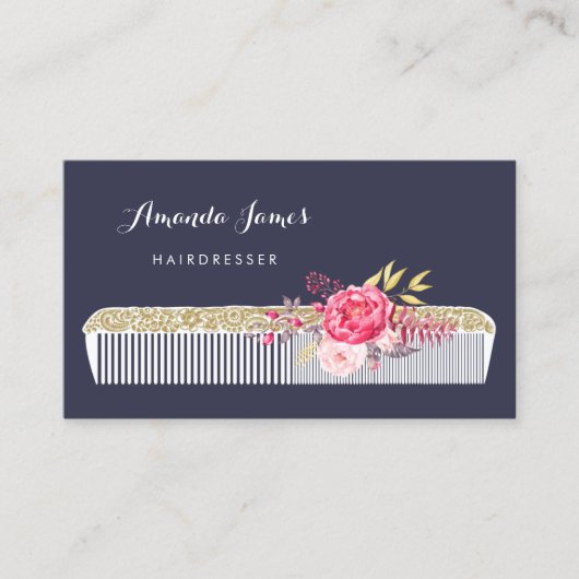 kapper kam met roze bloem visitekaartje (Voorkant)