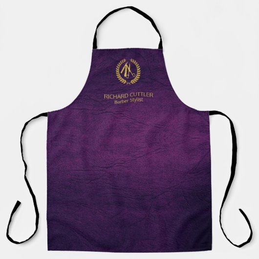 Kapper naam goud logo kapper winkel paarse leer schort (Voorkant)