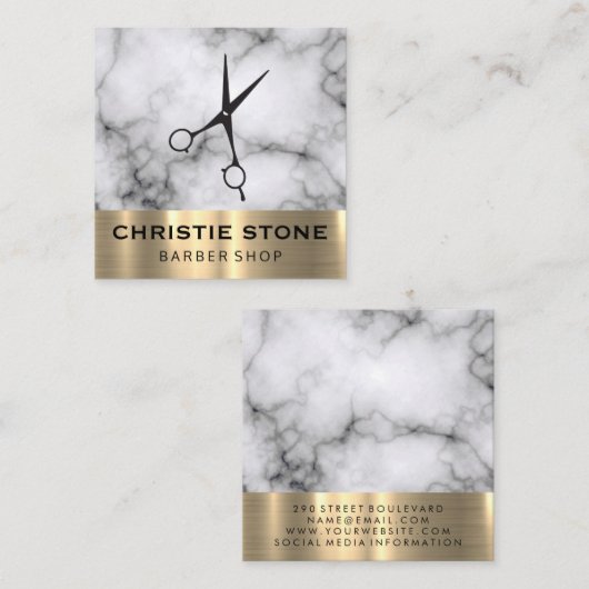 Kapper Salon Scharen Marmer Gouden Trim Vierkante Visitekaartje (Voorkant / Achterkant)