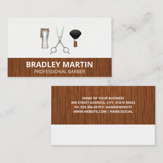Kapper Schaar Clippers Brush | Houten strepen Visitekaartje (Voorkant / Achterkant)