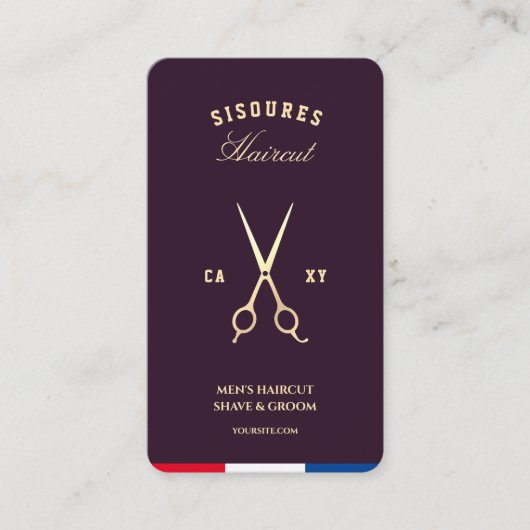 Kapper Schaar Elegant Paarse Goud Rood Wit Blauw Visitekaartje (Voorkant)