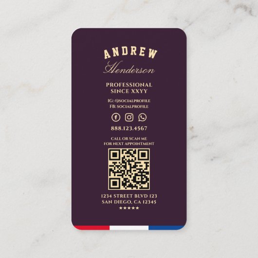 Kapper Schaar Elegant Paarse Goud Rood Wit Blauw Visitekaartje (Achterkant)