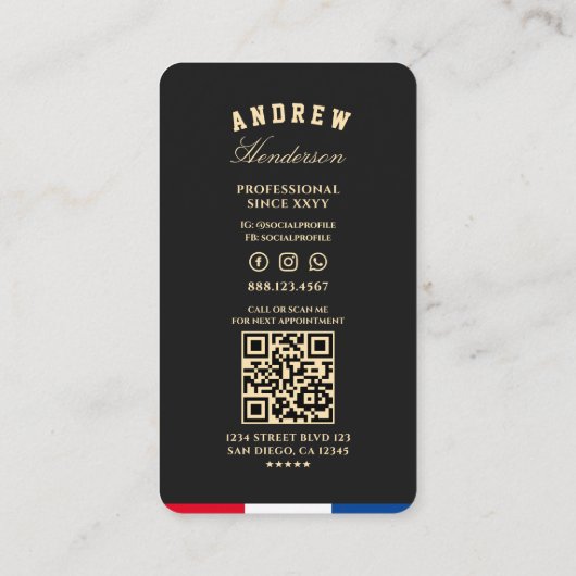 Kapper Schaar Zwart Goud Rood Blauw Wit Modern Visitekaartje (Achterkant)