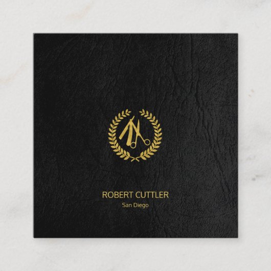 Kapper stylist luxe goud zwart leder look vierkante visitekaartje (Voorkant)