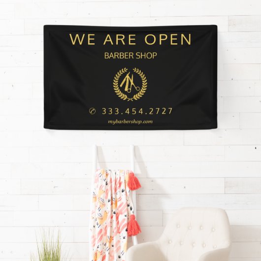 Kapper winkel mannen salon elegant zwart en goud spandoek (Insitu)