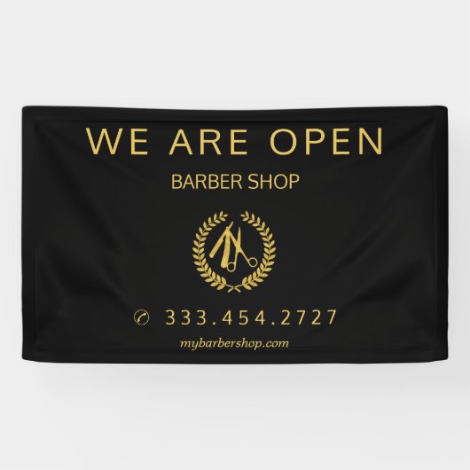 Kapper winkel mannen salon elegant zwart en goud spandoek (Horizontaal)
