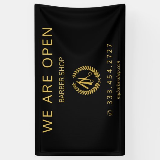 Kapper winkel mannen salon elegant zwart en goud spandoek (Verticaal)
