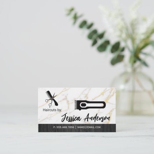 kappersschaar | marmerhout visitekaartje (Staand voorkant)