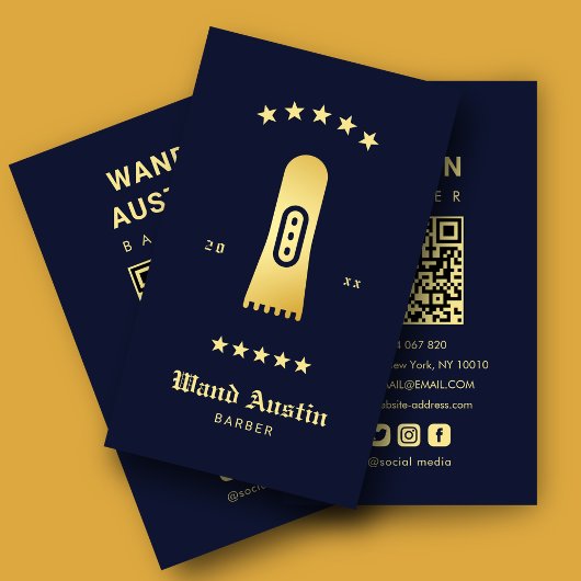 Kapperszaak haarclipper navy en goud QR-code Visitekaartje