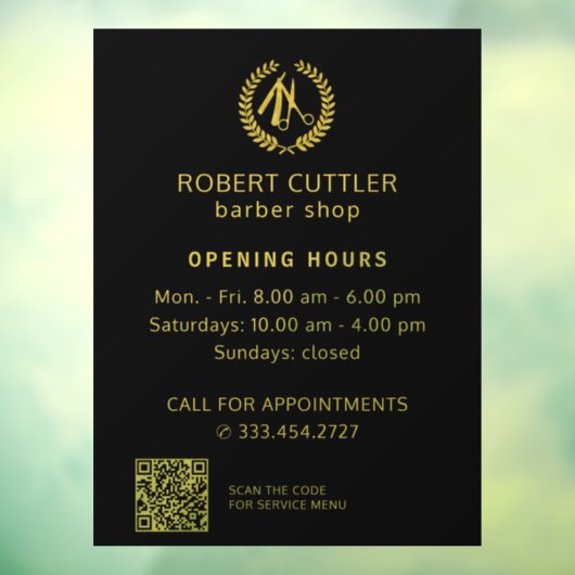 Kapperszaak openingstijden goud zwart logo QR CODE Raamsticker (Vel 3)