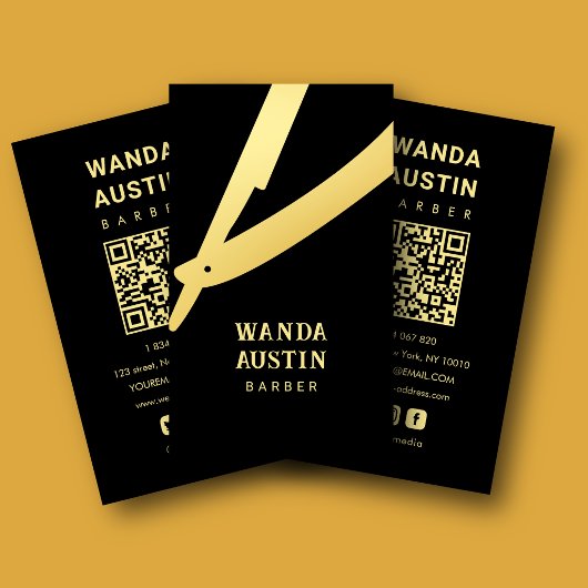 Kapperszaak Zwart en Gouden Scheermes QR-code Visitekaartje