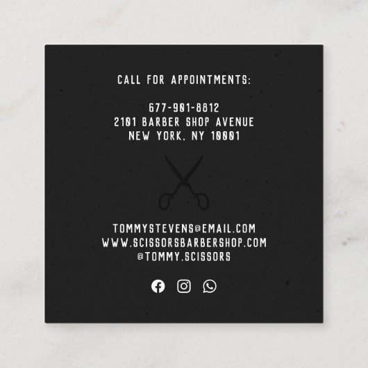  kapperszaak zwart wit retro schaar logo vierkante visitekaartje (Achterkant)