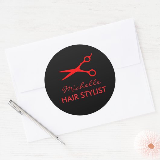 Kapperszaakstickers met logo van rode knipschaar ronde sticker (Envelop)