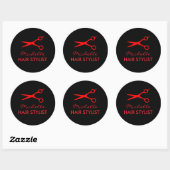 Kapperszaakstickers met logo van rode knipschaar ronde sticker (Vel)