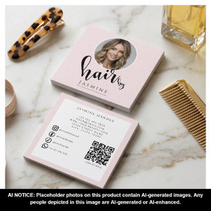 Kapsalon 3 Foto QR Social Media Blush Roze Vierkante Visitekaartje