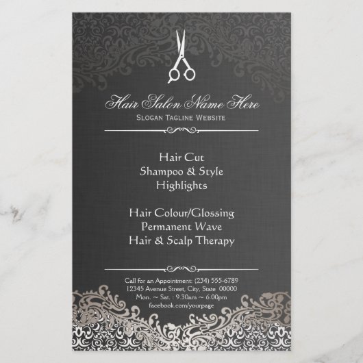Kapsalon Elegant Donker Zilver Damast Flyer (Voorkant)