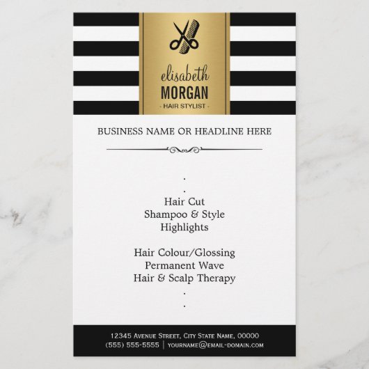 Kapsalon Elegant Goud Zwart Wit Strepen Flyer (Voorkant)