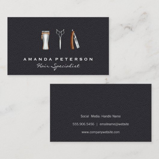 Kapsalon en Kappers Haar Gereedschap | Zwart Leer Visitekaartje (Voorkant / Achterkant)