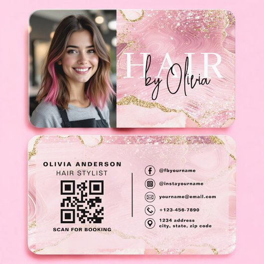 Kapsalon Fotografie QR-code Roze Marmer Visitekaartje