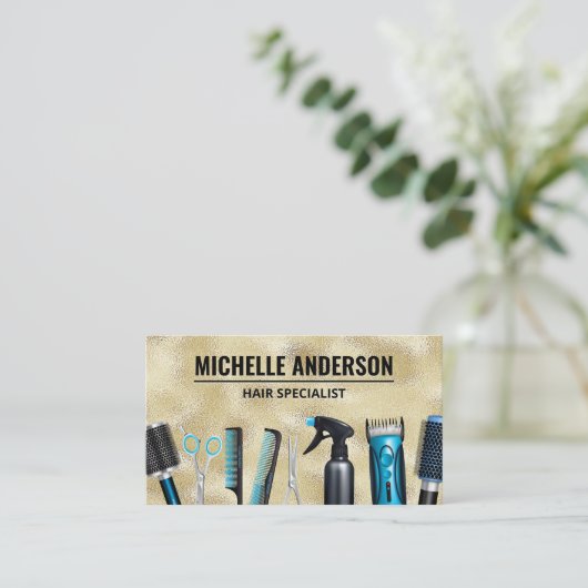 Kapsalon Gereedschap | Goud Glans Visitekaartje (Staand voorkant)