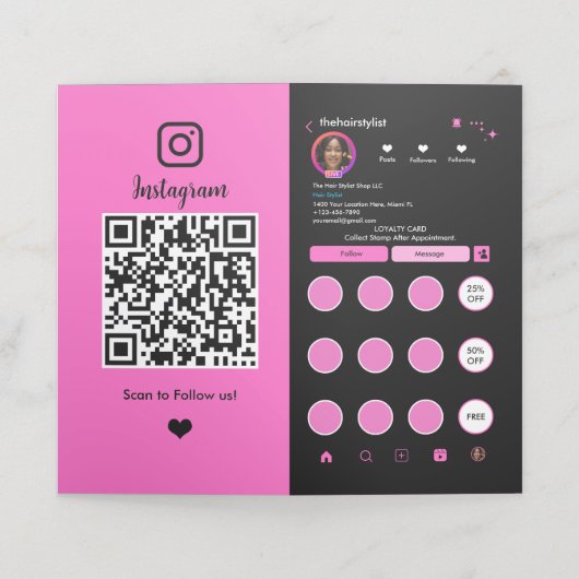 Kapsalon Instagram QR-code Klantenkaartje (Buitenkant ongevouwen)