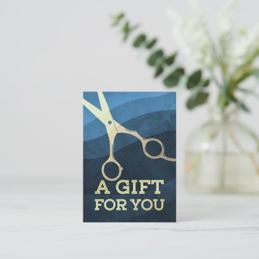 Kapsalon Kapper Moderne Blauwe & Gouden Schaar Kortingskaartje (Staand voorkant)