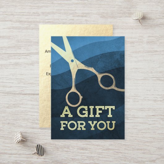 Kapsalon Kapper Moderne Blauwe & Gouden Schaar Kortingskaartje (Voorkant / Achterkant in situ)