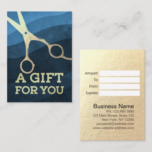 Kapsalon Kapper Moderne Blauwe & Gouden Schaar Kortingskaartje (Voorkant / Achterkant)