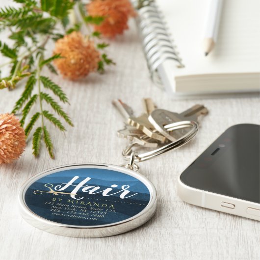 Kapsalon Kapper Moderne Blauwe & Gouden Schaar Sleutelhanger (Zijkant)