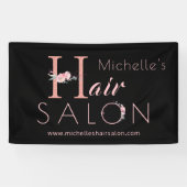 Kapsalon kapper naam roze bloem glitters zwart spandoek (Horizontaal)