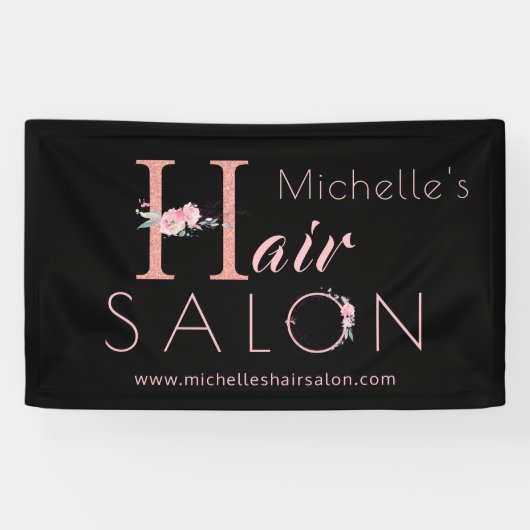 Kapsalon kapper naam roze bloem glitters zwart spandoek (Horizontaal)