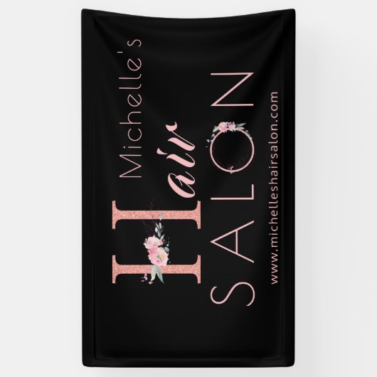 Kapsalon kapper naam roze bloem glitters zwart spandoek (Verticaal)