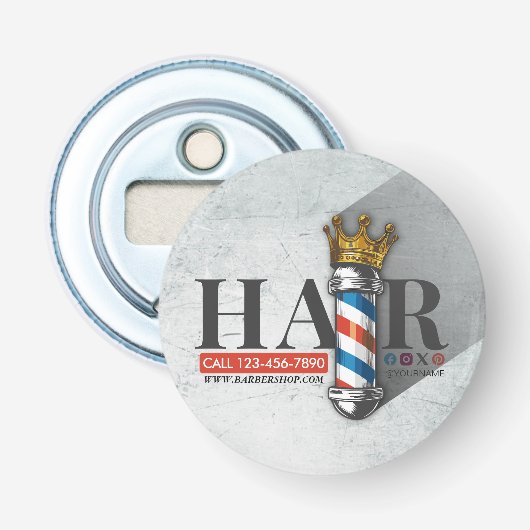 Kapsalon Koning Kroon Kapper Paal Kapsalon Button Flesopener (Voorkant)