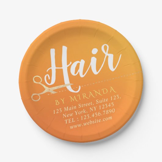 Kapsalon Make-up Salon Chic Oranje Gouden Schaar Papieren Bordje (Voorkant)
