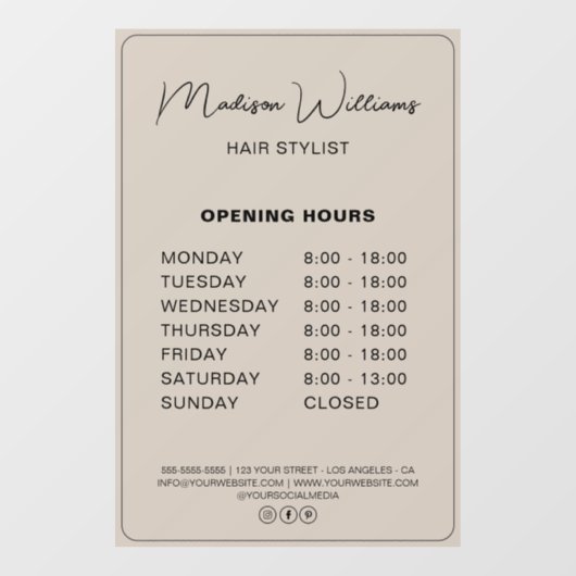 Kapsalon Modern Beige Openingstijden Raamsticker (Vel)