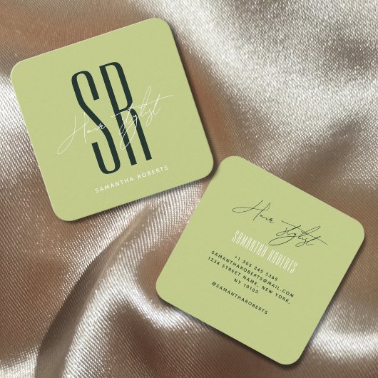 Kapsalon moderne groene monogram beginletters vierkante visitekaartje
