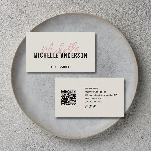 Kapsalon Moderne Neutrale Beige QR-code Visitekaartje